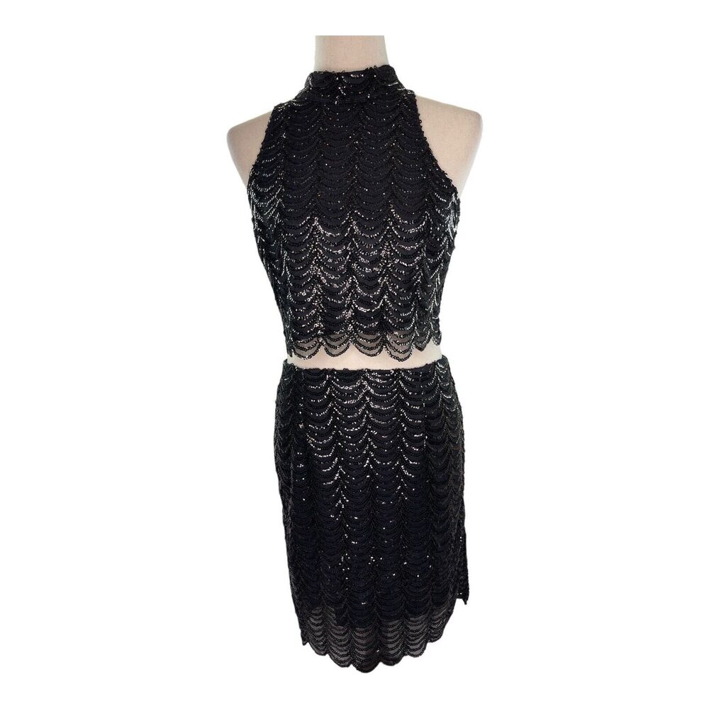 Vintage NWT Black Sequin Embellished 2-pc Skirt Top Set Sz M Party Y2K Club Wear